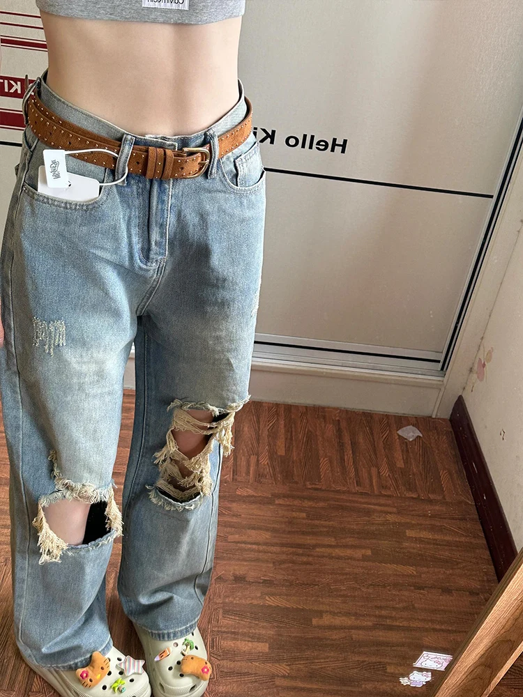 

American High Street Women's Summer Thin Design High Waist Straight Loose Slimming Wide Leg Jeans Distred Loose Fit Jeans