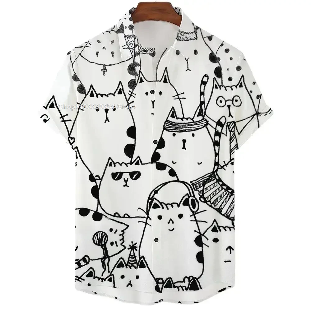 

Men's Shirt Black white Cute Cat 3D Print Men's Clothing Oversized Summer Casual Hawaii Beach Hawaiian Harajuku Holiday Shirt