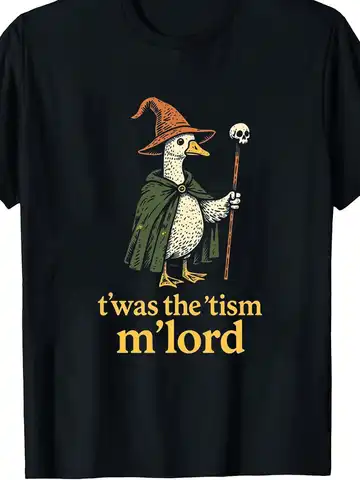 1pc Men's Wizard Goose Print Black TShirt, Crew Neck, Casual Cotton Tee Medium Stretch Knit Fabric, Men's Regular Fit Halloween, Size