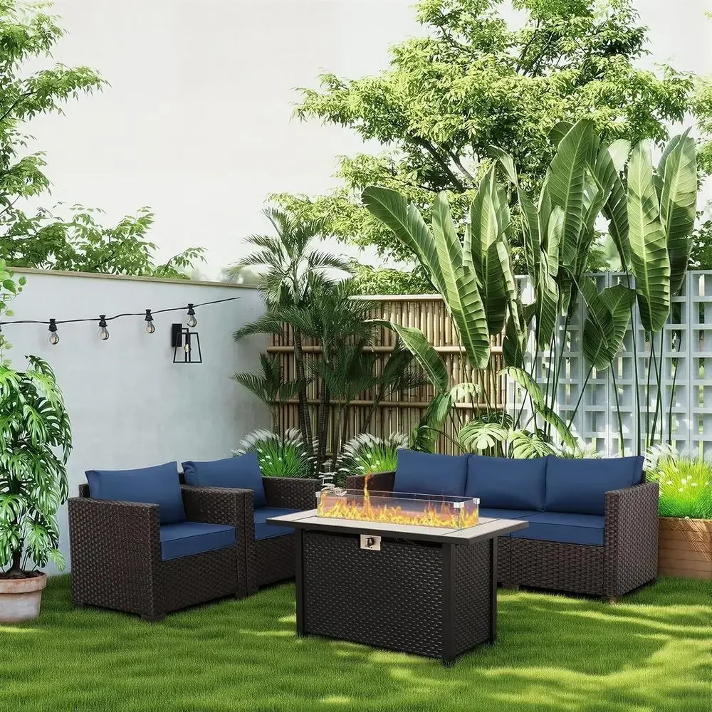 4-Piece Patio Furniture Set with 45 Fire Pit Table, Outdoor Couch, Chairs, 50,000 BTU Propane Fire Pit, Non-Slip Cushions, Water