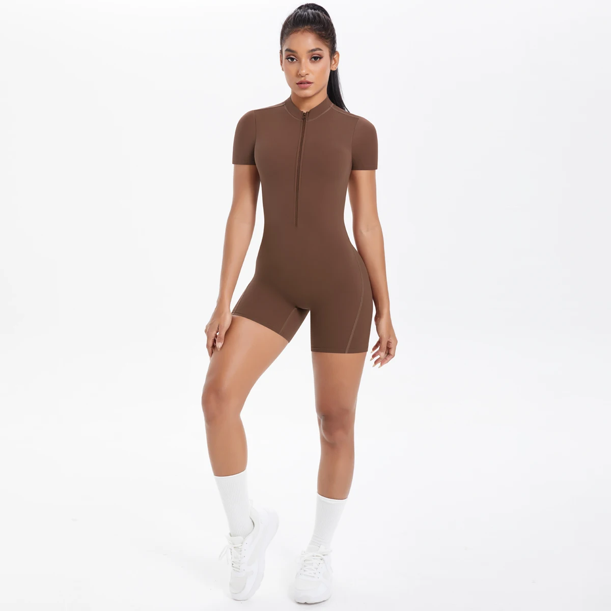 Ausgehöhlter, rückenfreier, kurzärmliger Reißverschluss-Overall für Damen, Overall, Yoga-Anzug, einteilige Legging, kurze Push-Up-Gymnastik-Yoga-Kleidung – Detail 17