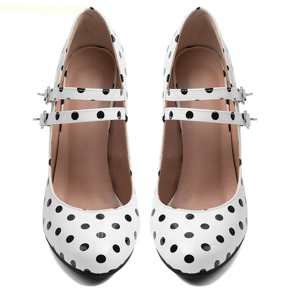 White Black Polka Dot Patent Mary Jane Pumps Round Toe Double Strap Buckle Block Chunky Heels Sandals Women Office Summer Shoes view 4