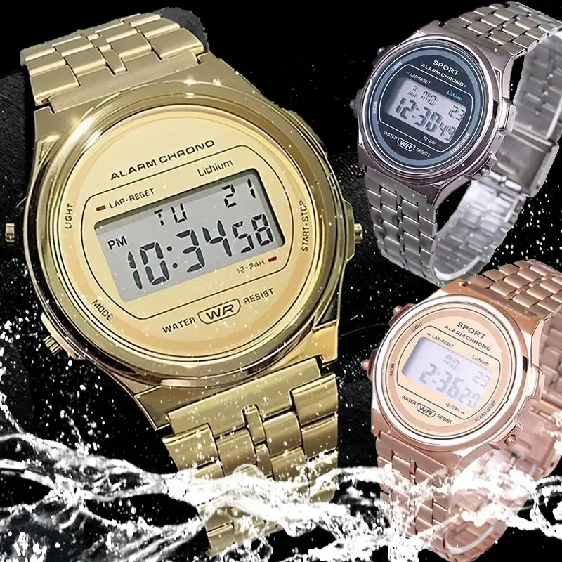 Reloj electrónico LED, reloj deportivo resistente al agua, correa de acero redonda a la moda para hombre, reloj de pulsera para amantes de la tira