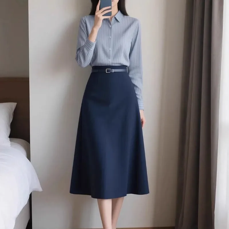 

Women's Two Piece Set Striped Shirt & High Waist A-line Skirt Elegant Office Wear