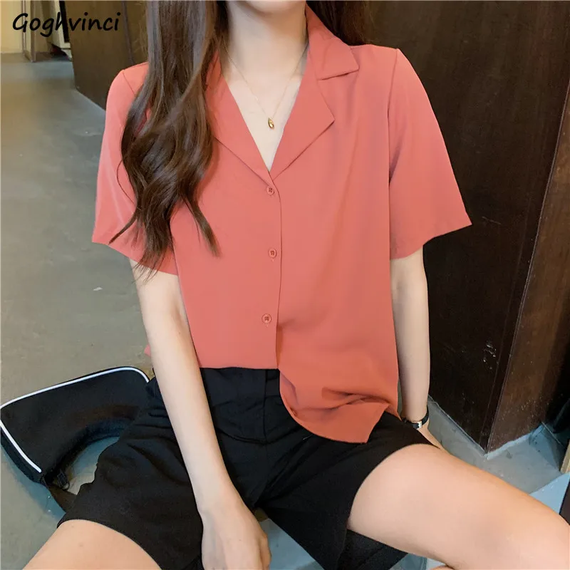 

Blouses Shirts Women Summer Solid Candy Color Leisure All-match Vintage France Womens Tops Chic Elegant Notched Retro Ulzzang