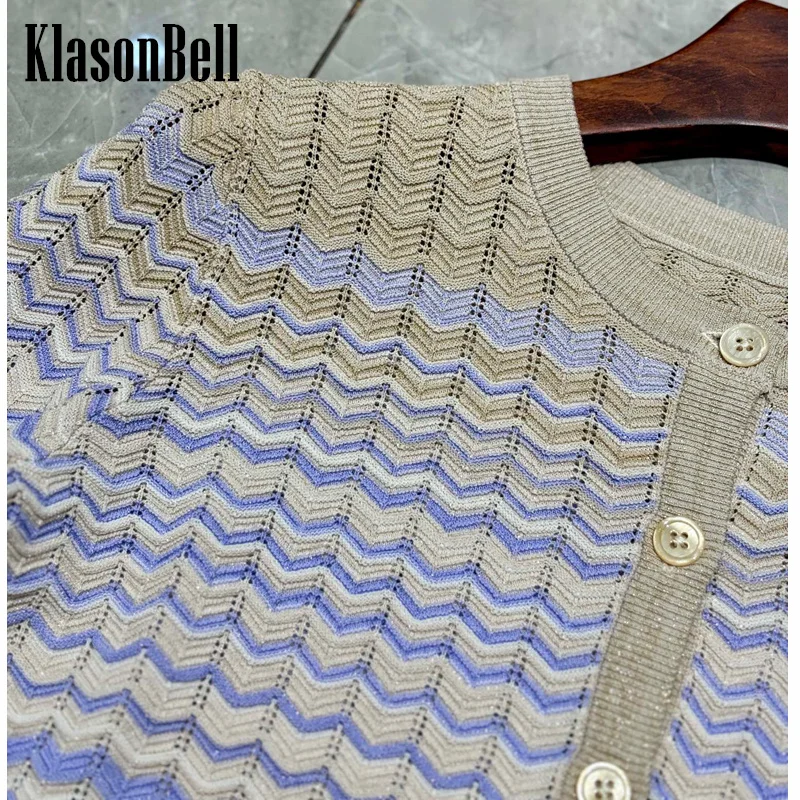 

5.8 KlasonBell Elegant Gradient Wave Pattern Jacquard Hollow Out Weave O-Neck Cardigan Or Knit Tank Knit Long Dress Set Women