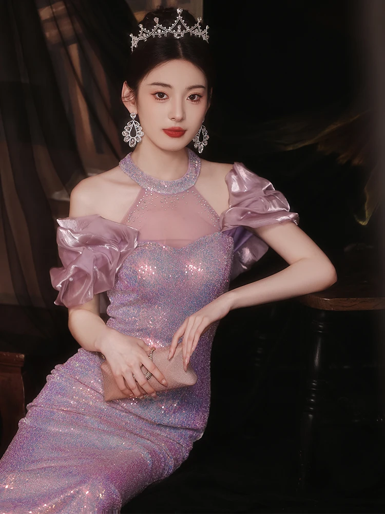 

Ele Evening Gown Women's Purple High-End Luxury Par Ne Hanging Sexy High-End Feeling Sequin Host Fi Tail Skirt