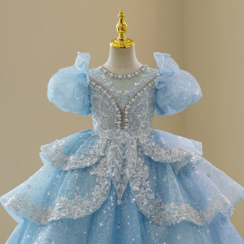 2024 Baby Girl Princess Dress Sequin Party Dresses for Children Puff Sleeves Clothing Classy Flower Girls Costume for Wedding