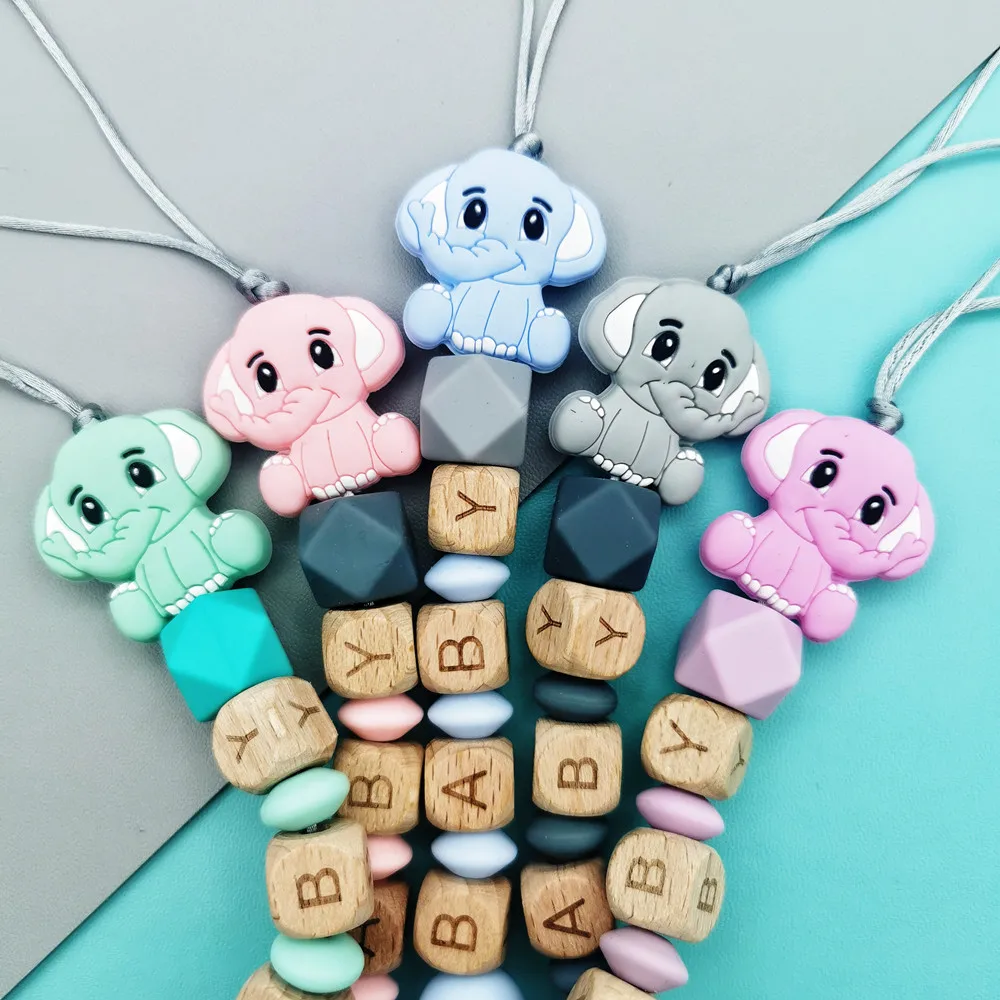 Custom Engels Beuken Brief Namen Olifant Baby Siliconen Fopspeen Kettingen Clips Bijtring Hangers Voor Baby Bijtring Speelgoed Geschenken