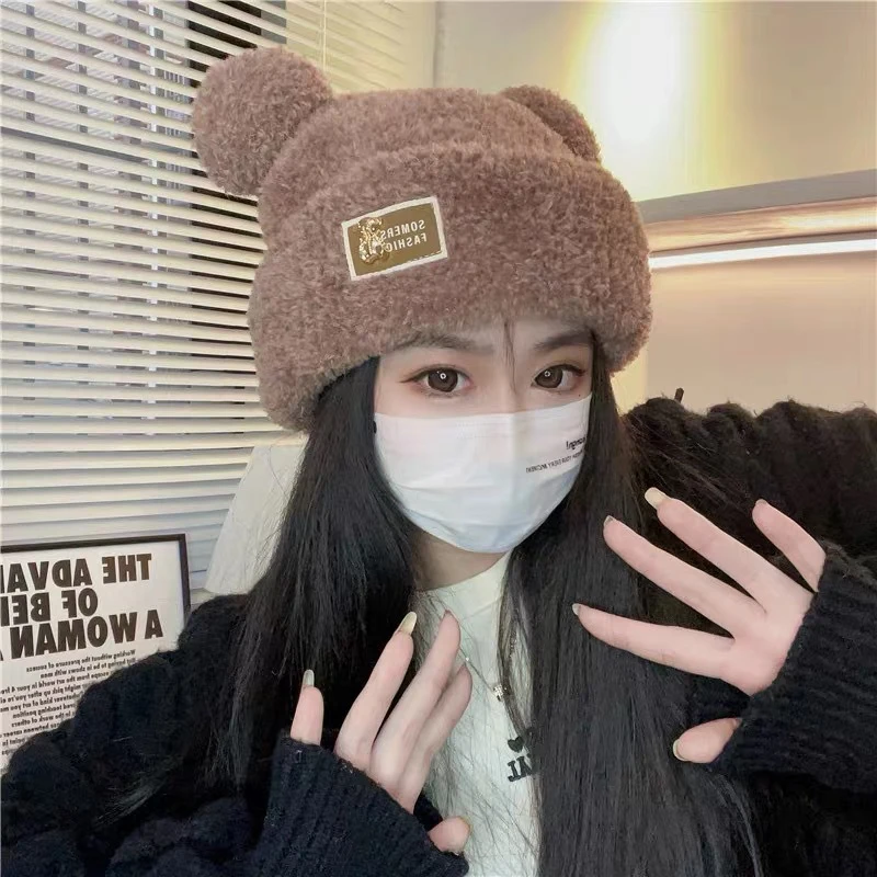 Fashion Autumn Winter Women Beanies Caps Warm Cute Bear Ear Hat Casual Couple Knitted Plush Soft