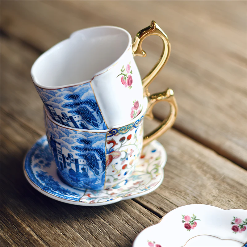 Ceramic Coffee Cup Saucer Gift Box Chinese Style Creative Color Matching Teacup Set Blue and White Porcelain Handle Mug Water