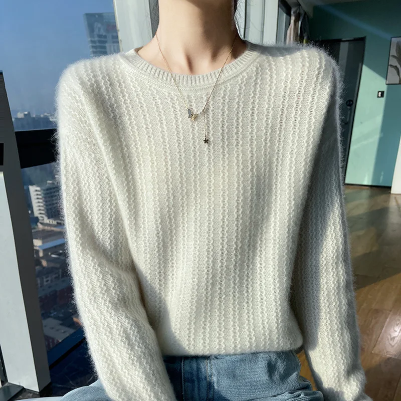 Women's Sweater Autumn/Winter New 100% Pure Wool Hoodie Casual Solid Color Knitted Tops Loose Round Neck Blouse White