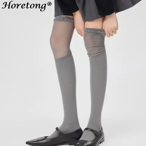 Horetong 여성 무릎 양말 섹시한 봄 여름 허벅지 높은 양말 무릎 반 스타킹 여성 탄성 패치 워크 메쉬 긴 양말