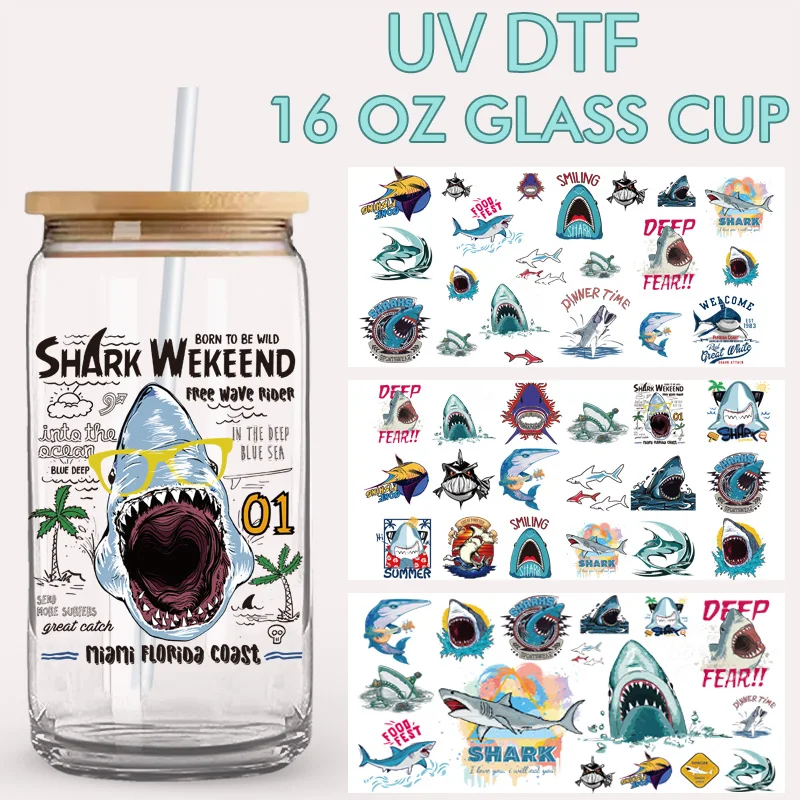 Shark Ocean UV DTF Cup Wraps 16oz Libbey Glass Cup Waterproof Summer Beach Transfer Stickers
