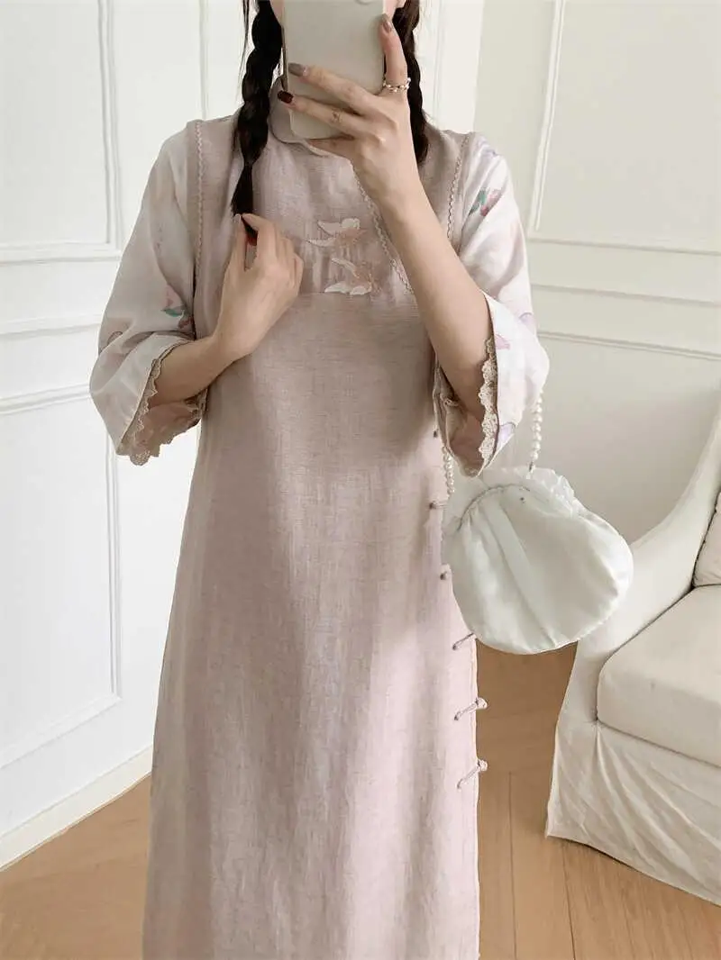 

Eden's Original Seven-Sleeve Embroidery Pink Girl's Spring Autumn Style Fake Two-Piece Low Slit Long Cheo...