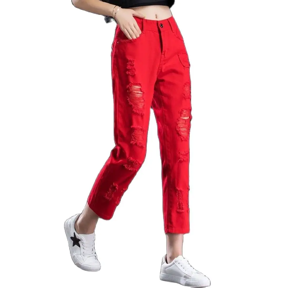 

2023 Spring Summer Woman High Waist Balck Red Fashion Ripped Hole Tassel Jeans Harem Pants Womens Ankle Length Denim Trousers