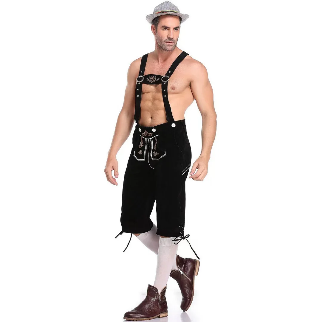 Costumes d'Oktoberfest ethniques pour hommes adultes, tenue de bière traditionnelle bavaroise, shorts, salopette, chapeau, bretelles, ensemble, vêtements d'Halloween