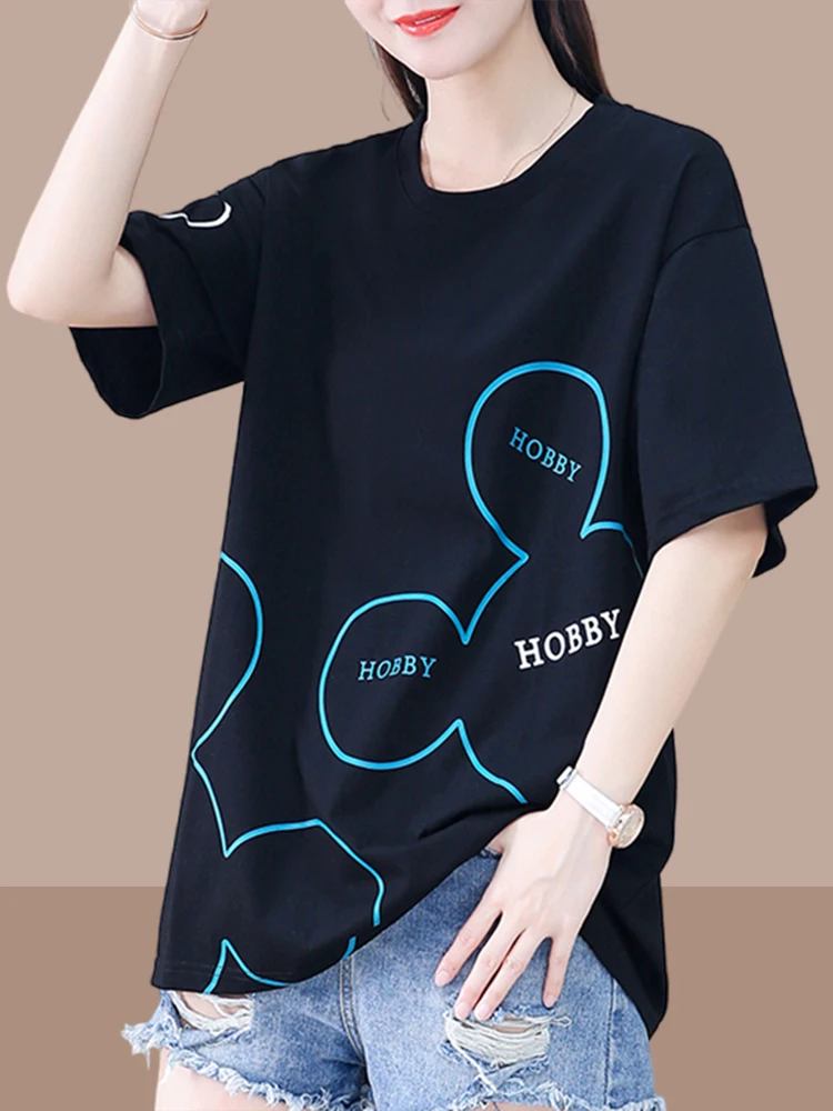 Cool Pure Cotton Loose T-Shirt Women's Summer New Style Casual Mid-Length Short-Sleeve round Neck Cotton Tee Commute Style