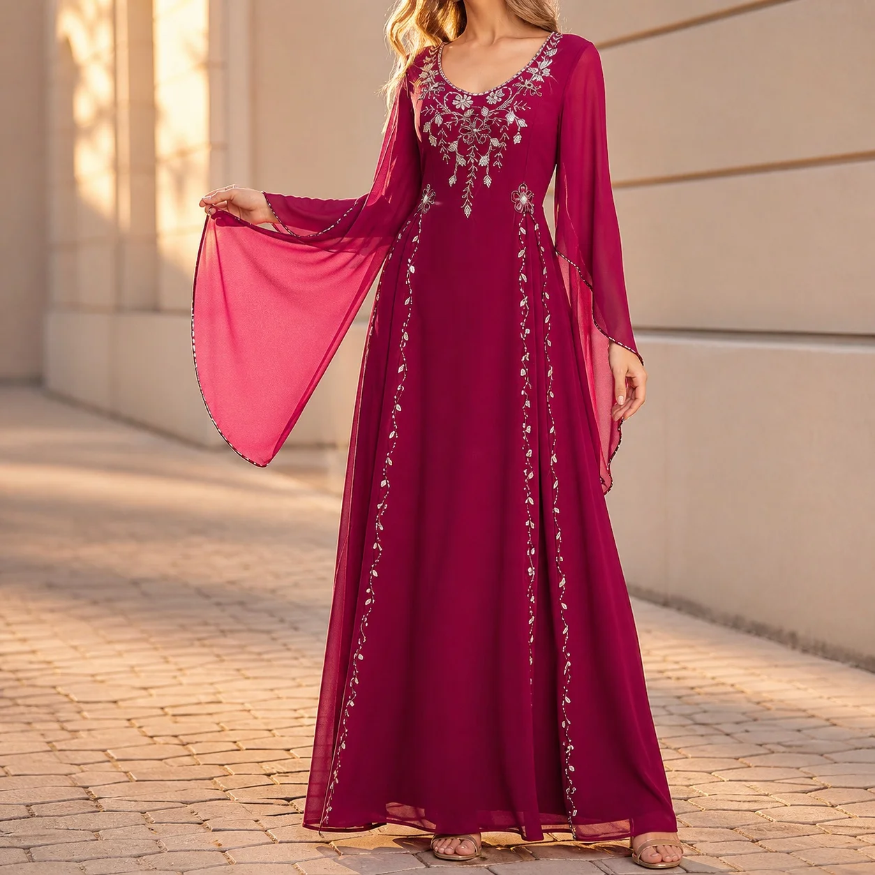 Women's Summer Wedding Guest Maxi Dress Elegant Beaded Chiffon Long Sleeve Party Dresses for Wedding Prom Party Evening with V