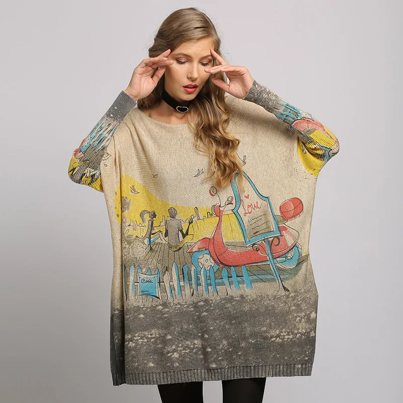 

Autumn Winter Oversized Printed Knit Sweater Women's Long Sleeve Casual Pullover Tops