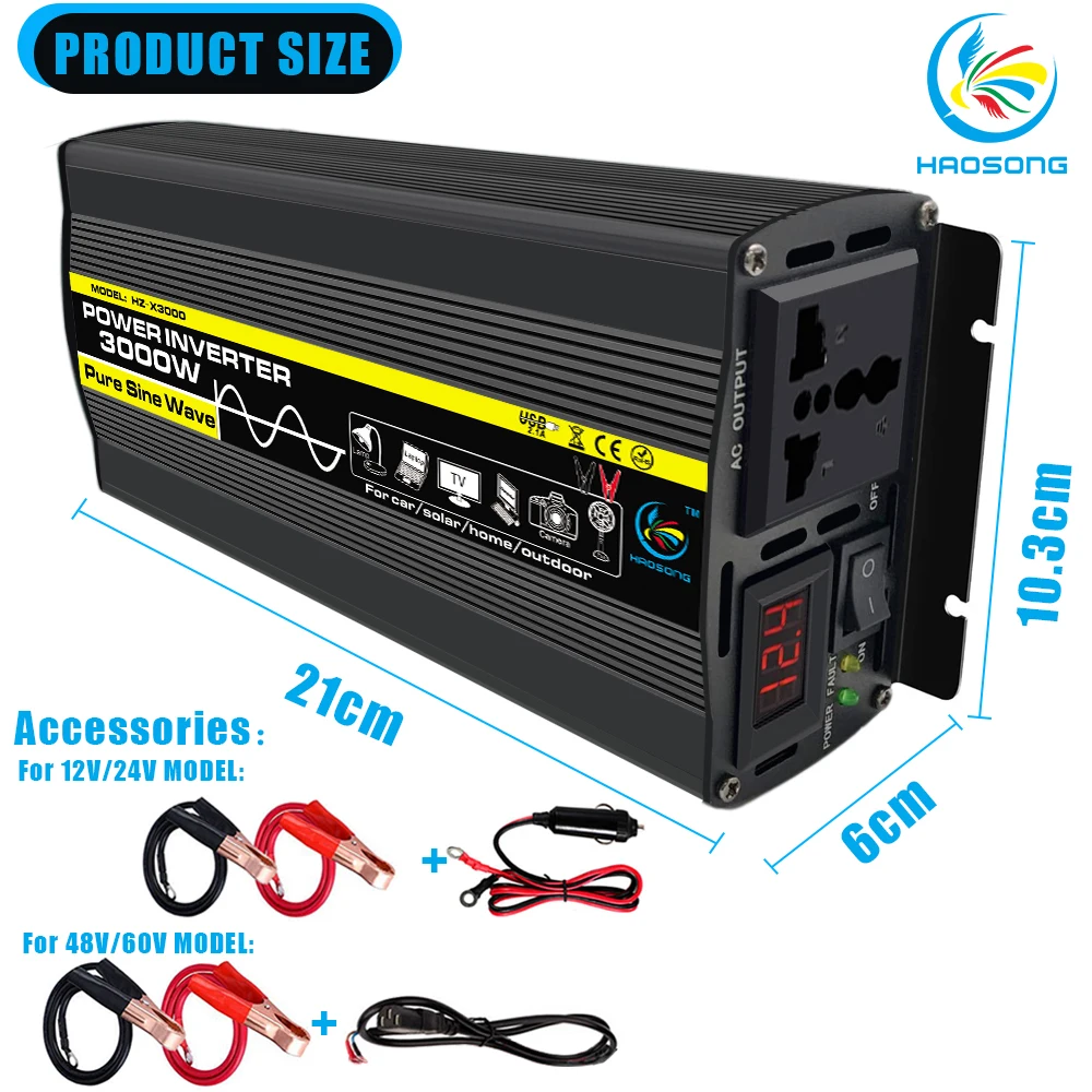 Pure Sine Wave Inverter DC 12V 24V to AC 220V 500W Peak Power 3000W Voltage Transformer Power Converter Solar Inverter