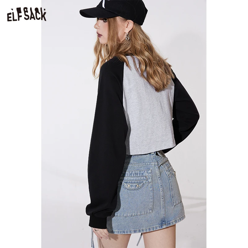 ELFSACK color block cartoon printing cropped long sleeve T-shirt for women 2024 spring crew neck casual academic style cropped