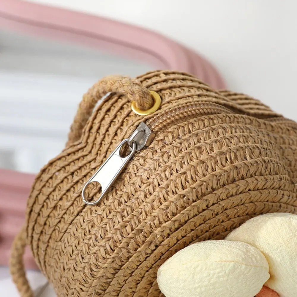Tas Bahu Kecil Jerami Anak-anak Tas Tangan Dompet Bayi Perempuan Bunga Lucu Tenun Tas Crossboay Pantai Buatan Tangan Bulat Mini