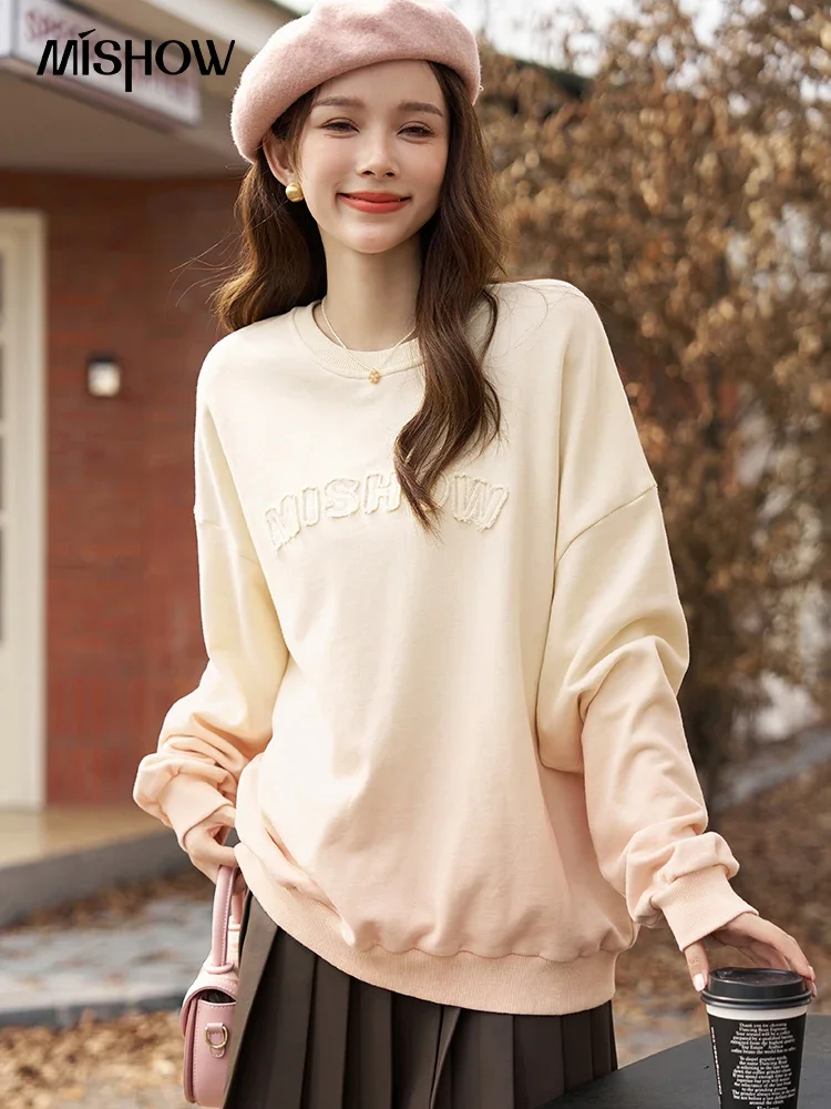 MISHOW 100% Cotton Oversized Letter Print Sweatshirt Women Autumn Crewneck Pullover Ladies Casual Loose Solid Tops MXC46V0019