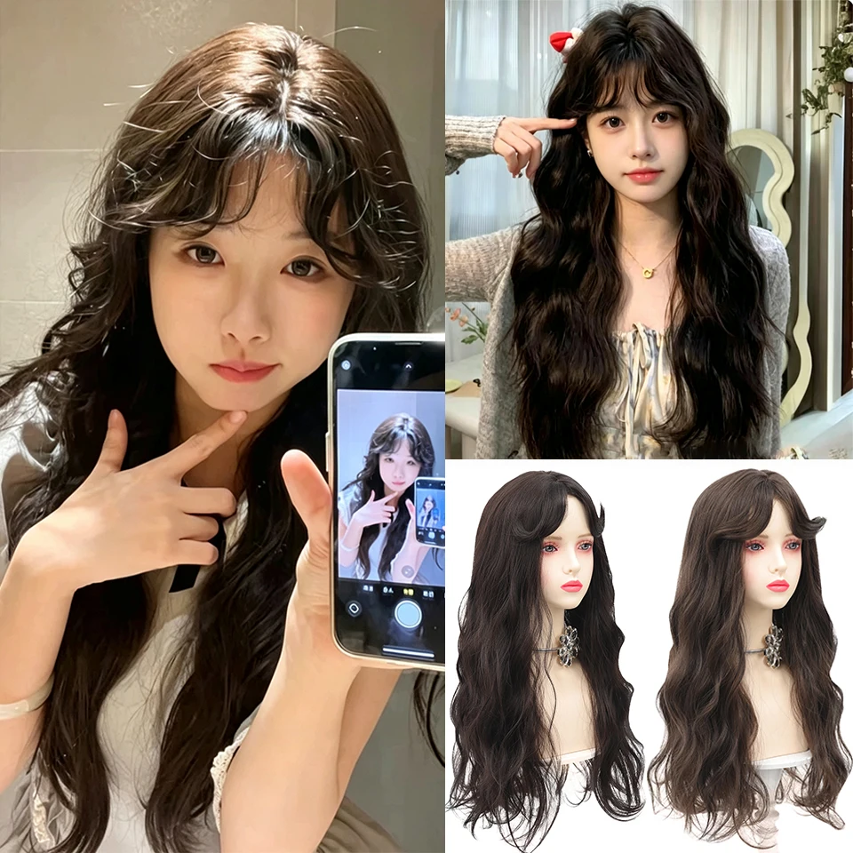Long Curly Hair Wool Synthetic Wig With Bangs Full Head Beauty Temperament Wig for Girl Daily Party Halloween Christmas Festival