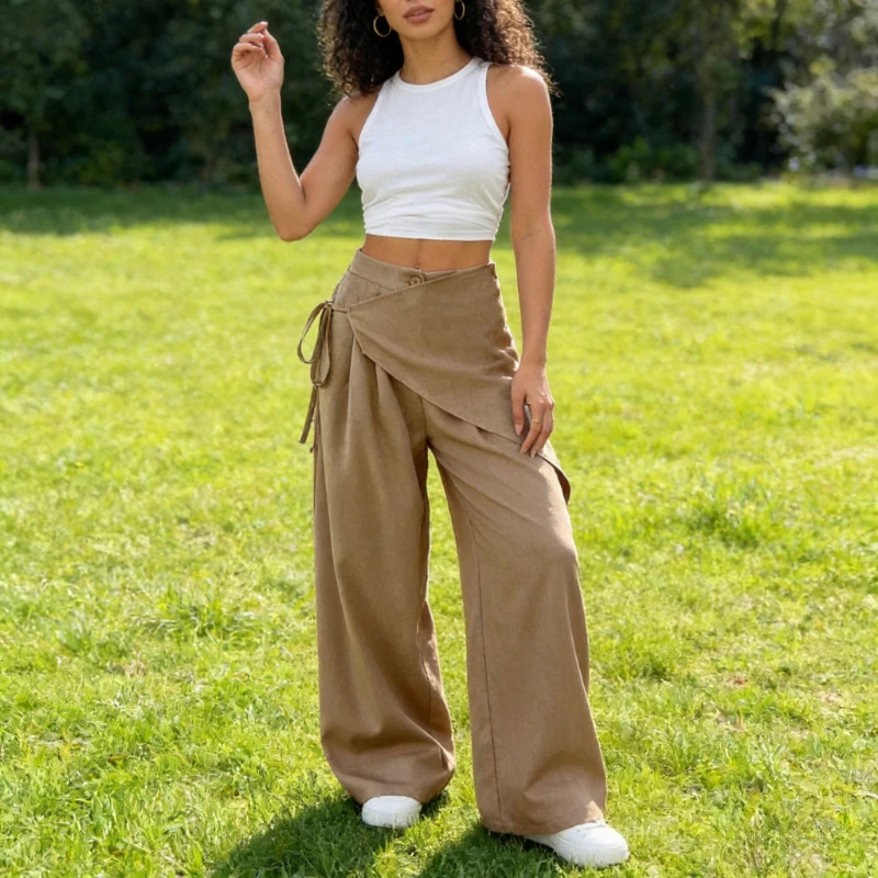 

Модные женские брюки Y2K: новые весенне-осенние, на пуговицах, с асимметричной шнуровкой, элегантные повседневные свободные однотонные брюки-палаццо