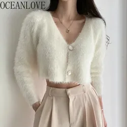 OCEANLOVE Short Cardigans Solid V Neck Korean Fashion Mink Cashmere Autumn Winter Women Sweaters Thick Warm Chaquetas Tops