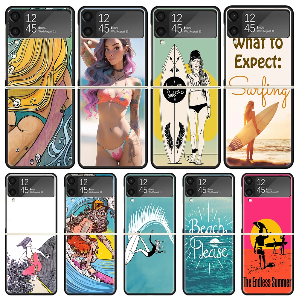 Surfboard Surfing Surf Girl Summer Phone Case For Samsung Galaxy Z Flip3 Flip4 Flip5 Flip6 PC Shell For Z Flip 3 4 5 6 Hard Fold