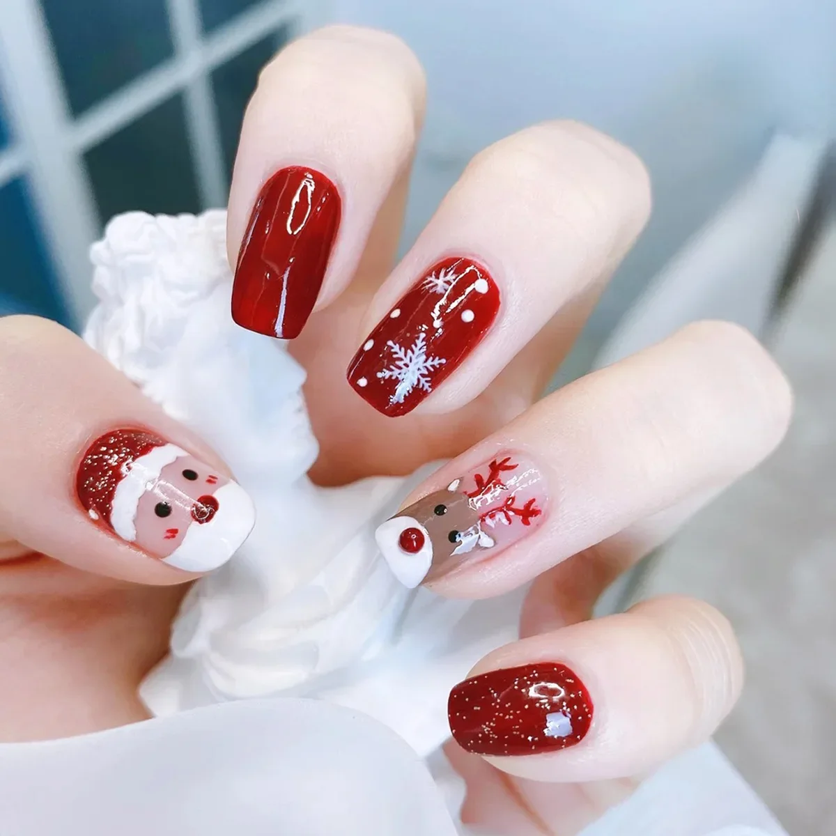 

24Pcs Christmas New Cute Short False Nails Tips Snowman Elk Pattern Design Wearable Fake Nails Press On Nail Art