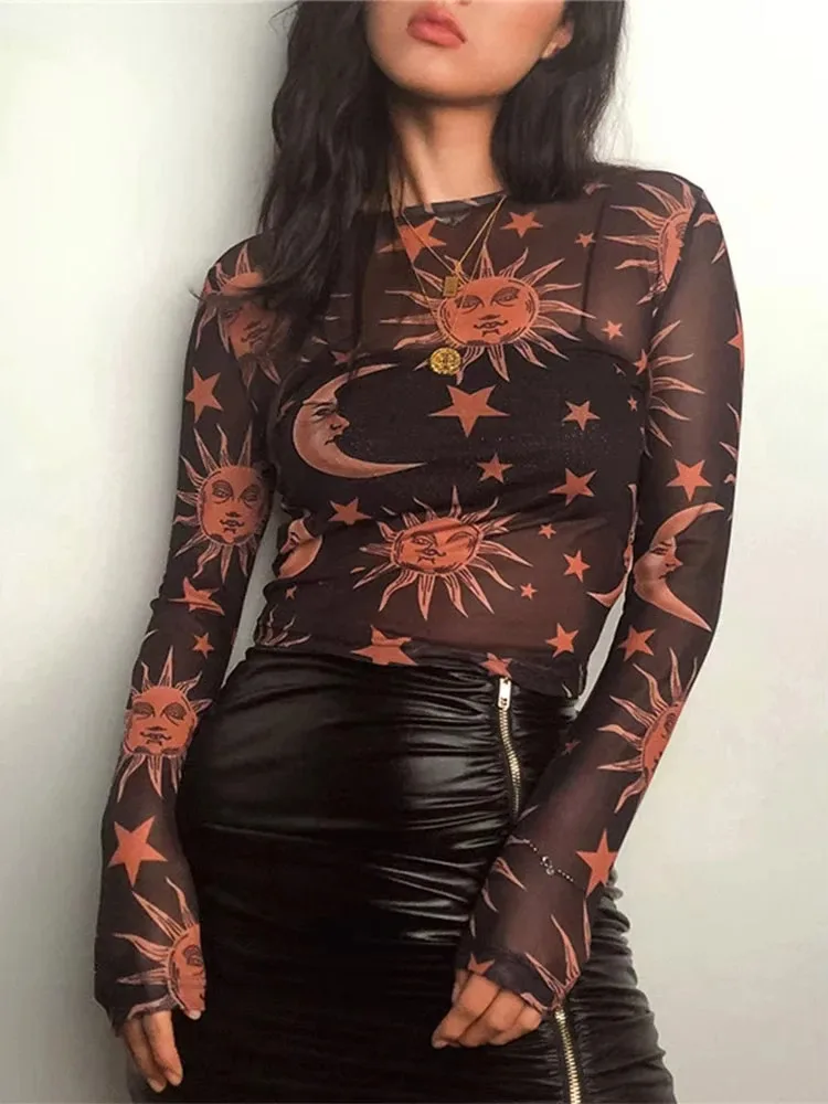 

Прозрачная сетчатая сексуальная футболка с принтом Sun Moon, женская футболка с круглым вырезом и длинными рукавами, тонкие базовые повседневные женские топы, новинка