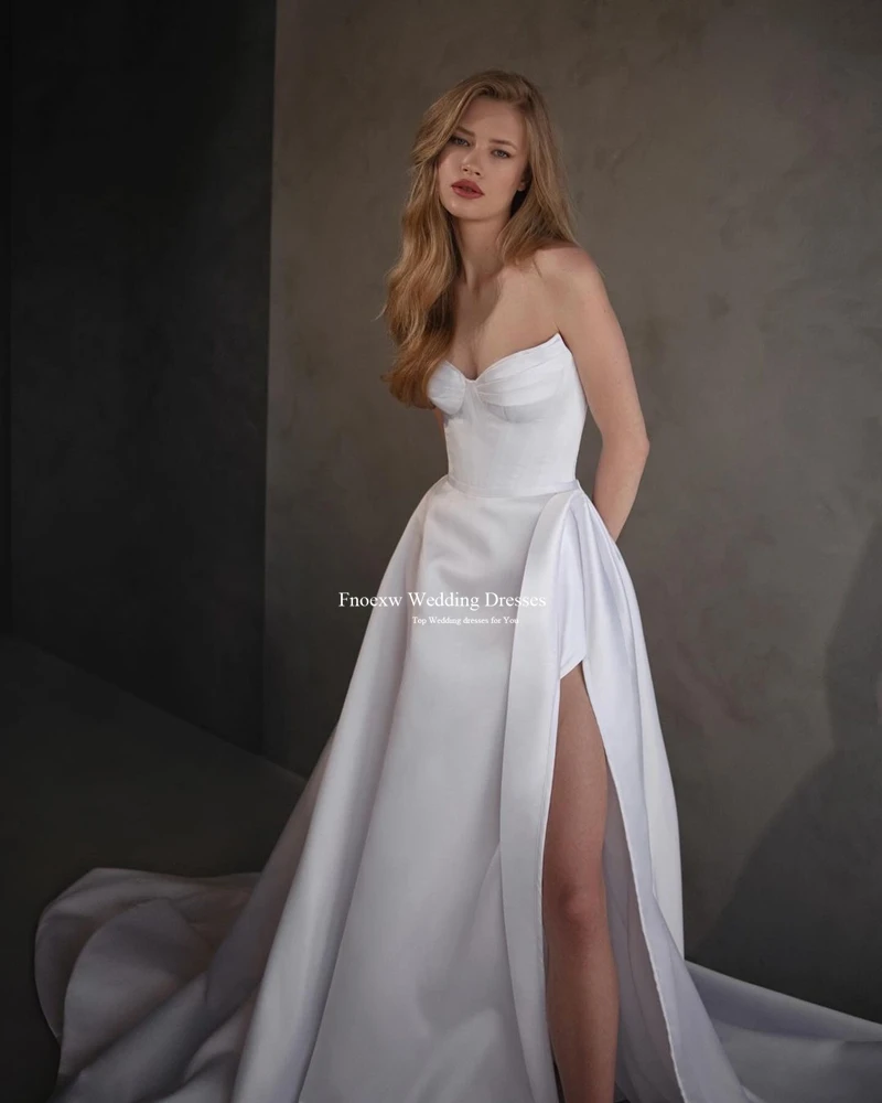 Fnoexw Simple A Line Satin Wedding Dresses Sweetheart Sweep Train High Slit Bridal Gowns Mariage Vestidos De Boda Para Fiestas