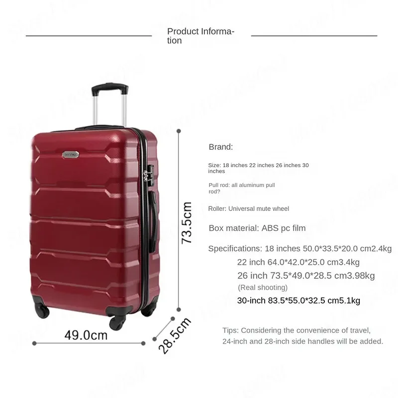 Valise à roulettes grande capacité, valise à roulettes, cabine à blocs, valise à roulettes avec mot de passe, sacs de voyage, 18 po, 22 po, 26 po, 30 po, 4 pièces