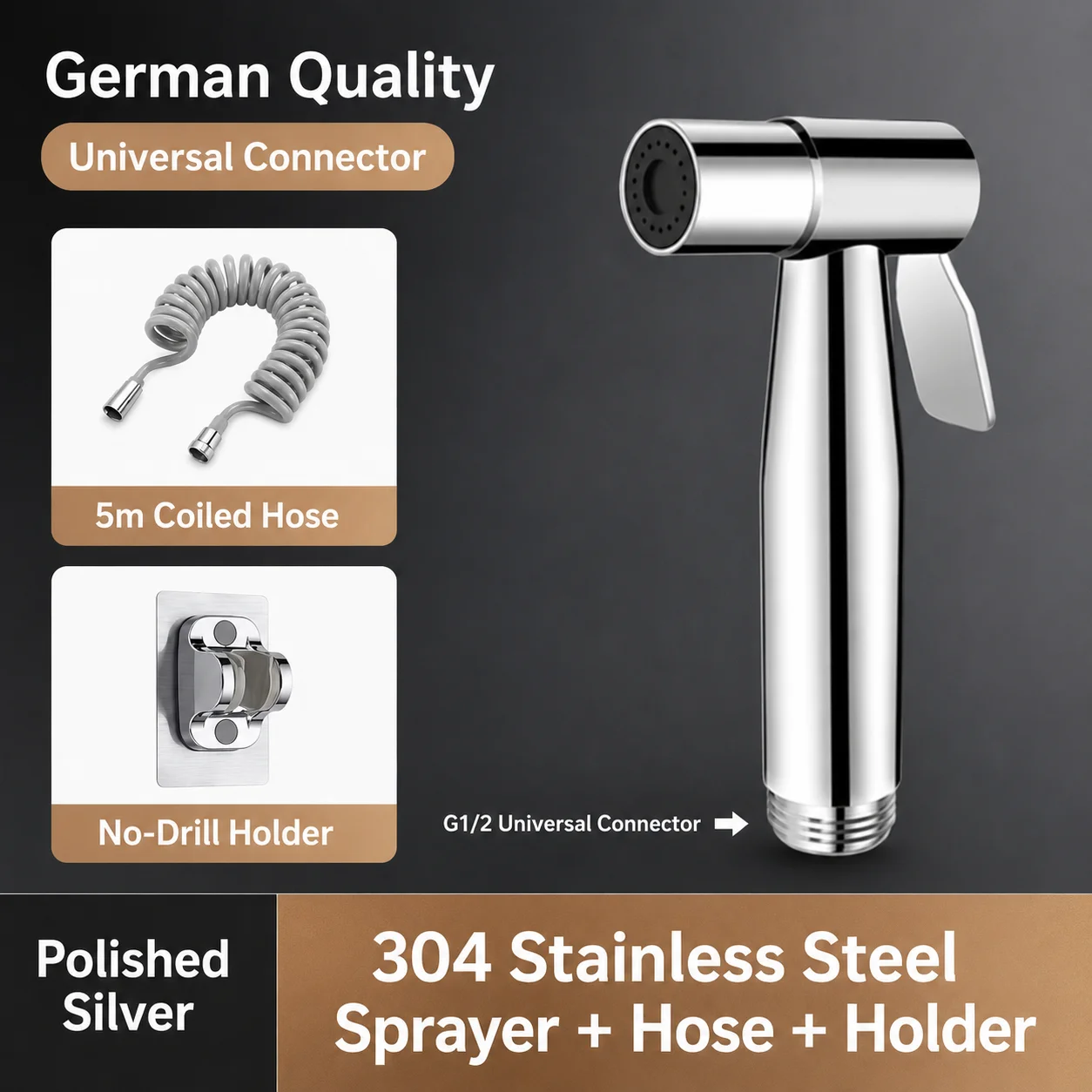 304 Edelstahl Bidet-Sprühgerät Hochdruck-Handbrause Toiletten-Shattaf-Sprühpistole für Badezimmerreinigung und Tierwäsche G1/2 Anschluss