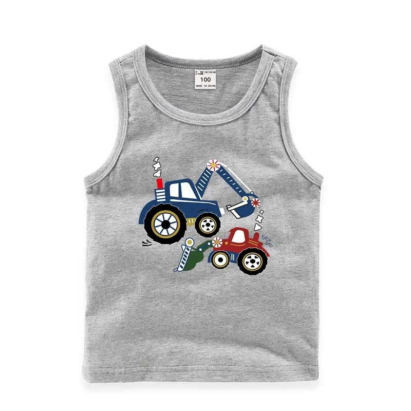 2025 New Summer Camisole Boys Girls Children's Cotton Sleeveless Bottoming Shirt Cartoon Excavator Casual Kids Vest