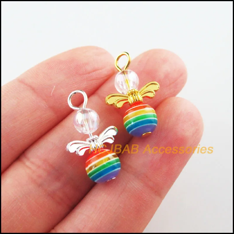 Mode 15Pcs Retro Gold Silber Vergoldet Regenbogen Acryl Klaren Kopf Engel Charms Anhänger 13x22mm