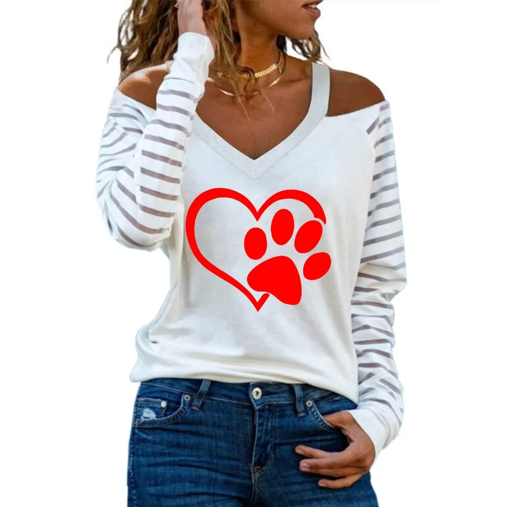 

Women's Off-the-Shoulder T-Shirt Multi-Red Lightning Love Print V-Neck Long Sleeve Transparent Top for Casual Wear