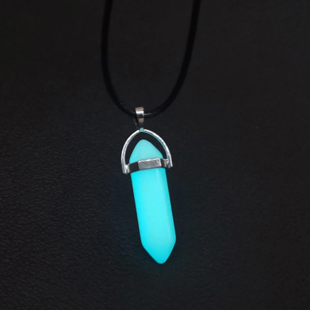 Dark Luminous Stone Fluorescent Hexagonal Column Necklace Natural Crystal Glowing in Bullet Pendant Leather Fashion Jewelry Gift