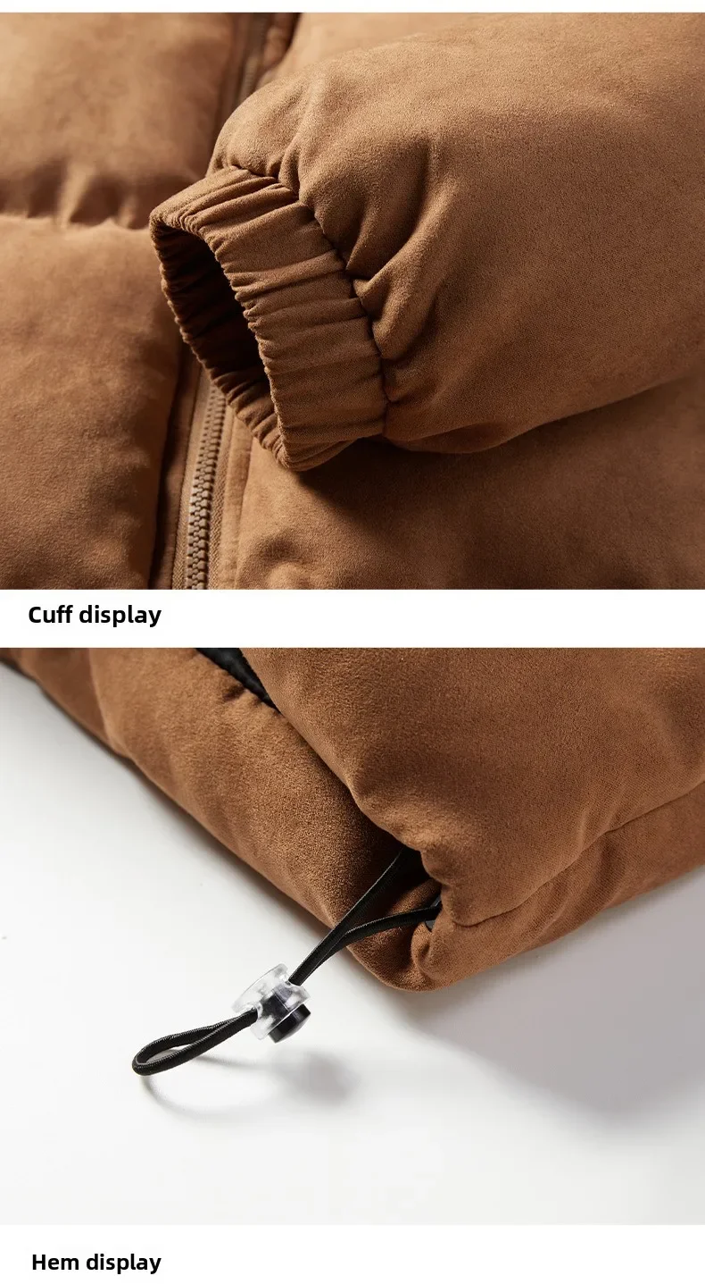 Men's Warm padded Clothes Winter New Solid Color Simple Hem Drawstring Design Outdoor Travel Stand Collar Coat Men Suede Jacket