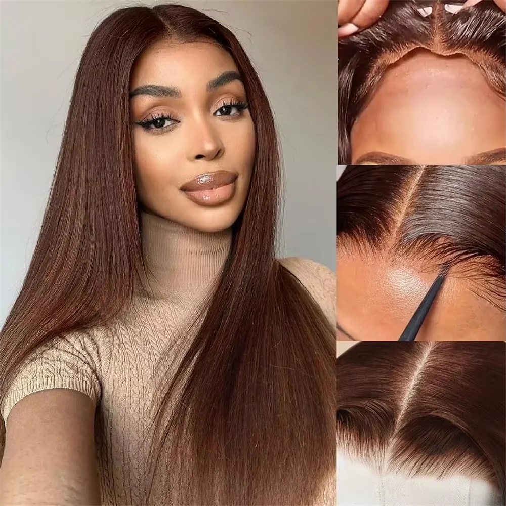 Perruques de cheveux humains raides pour femmes, dentelle transparente HD, cheveux brésiliens Remy, brun chocolat, 13x4, 13x6, 18 ", 36"