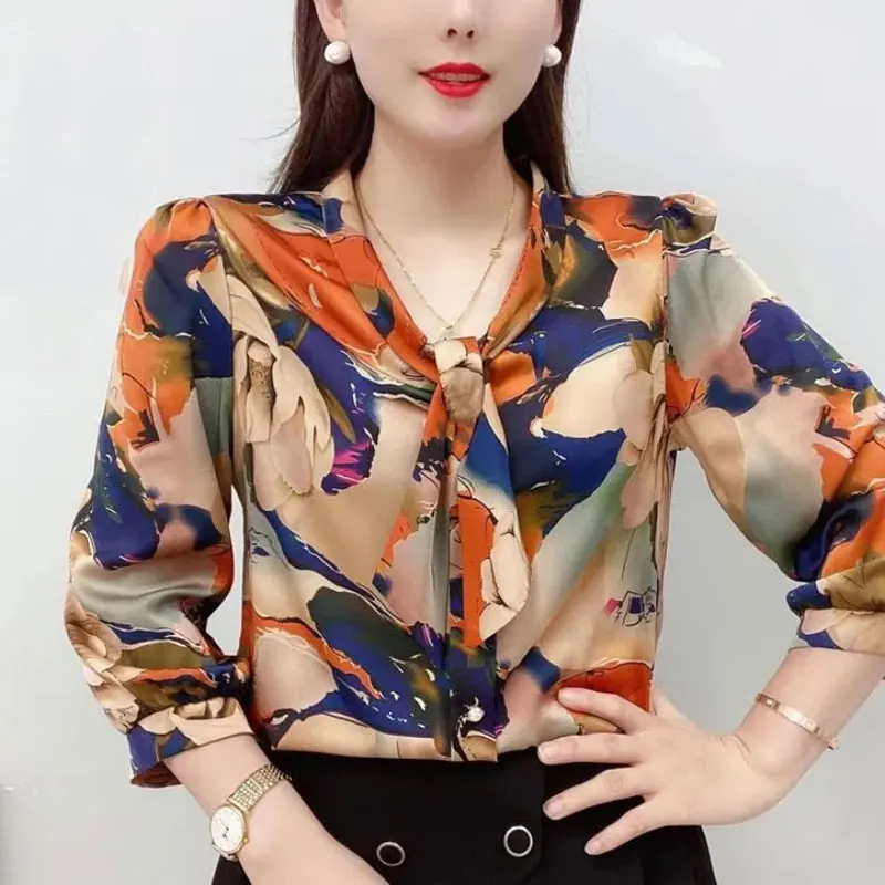 Vintage Floral Printed Fashion Scarf Collar Shirt Spring Autumn Loose Spliced Female Clothing Commute Long Sleeve Casual Blouse