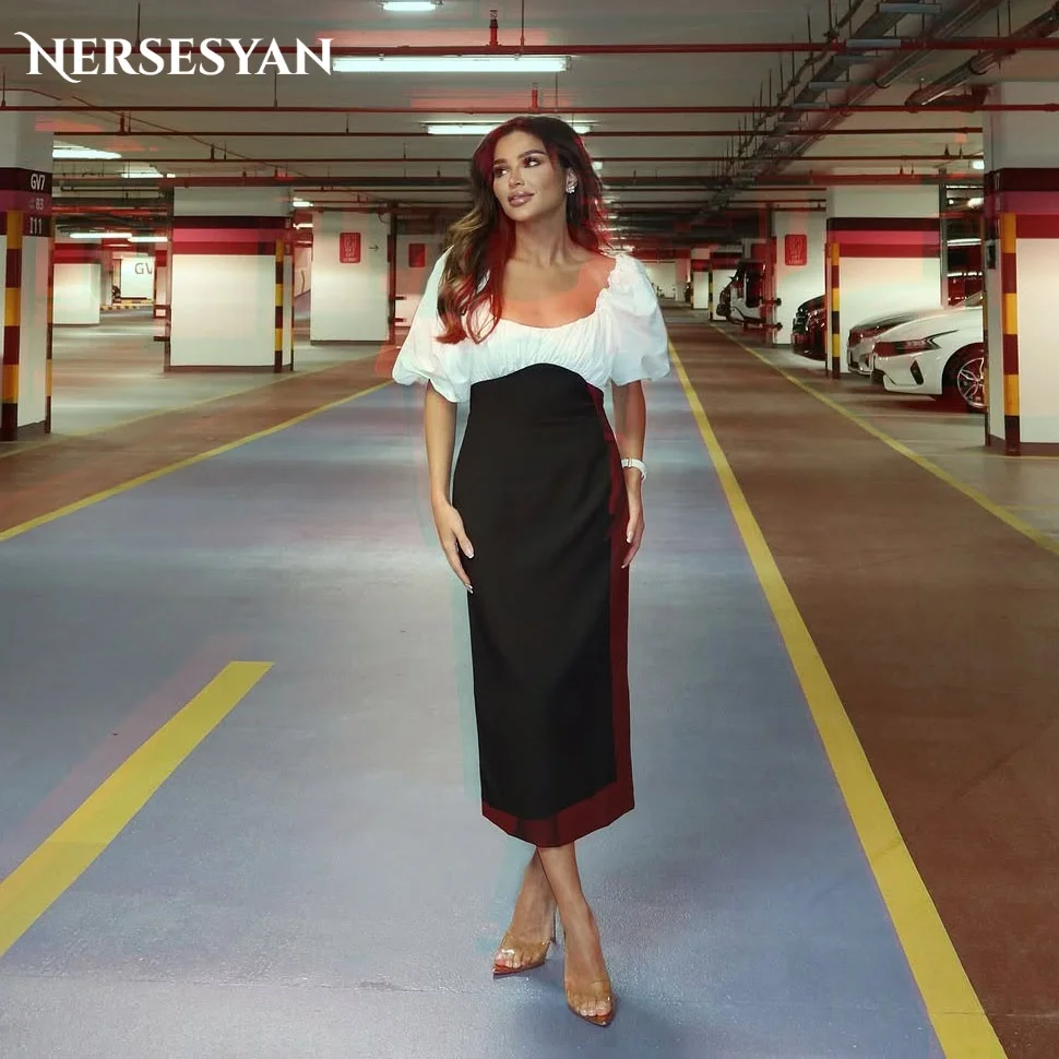 

Nersesyan Elegant Mermaid Evening Dresses Scoop Satin Puff Sleeves Formal Dress Tea Length Maxi Arabia Party Gowns Customized