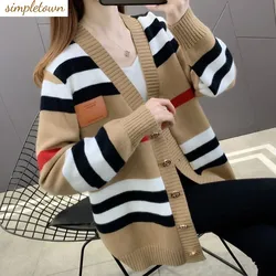 Jaqueta cardigan de malha listrada para mulheres, suéter vintage suave e solto, estilo preguiçoso Jac, versão coreana, nova, para primavera e outono