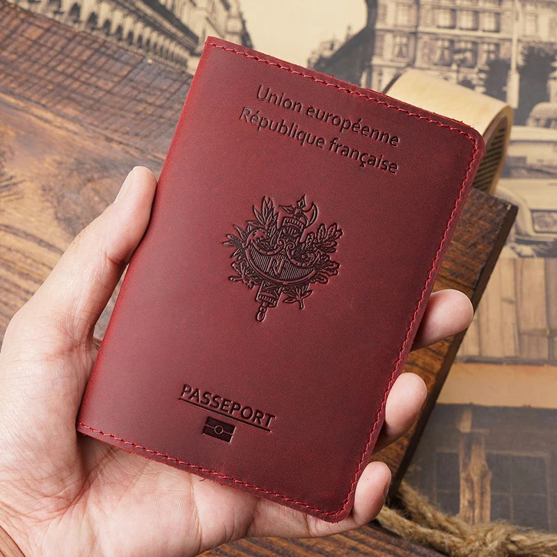 French Passport Holder Document Holder Layer Cowhide Vintage Boarding Card Leather Wallet Card Bag