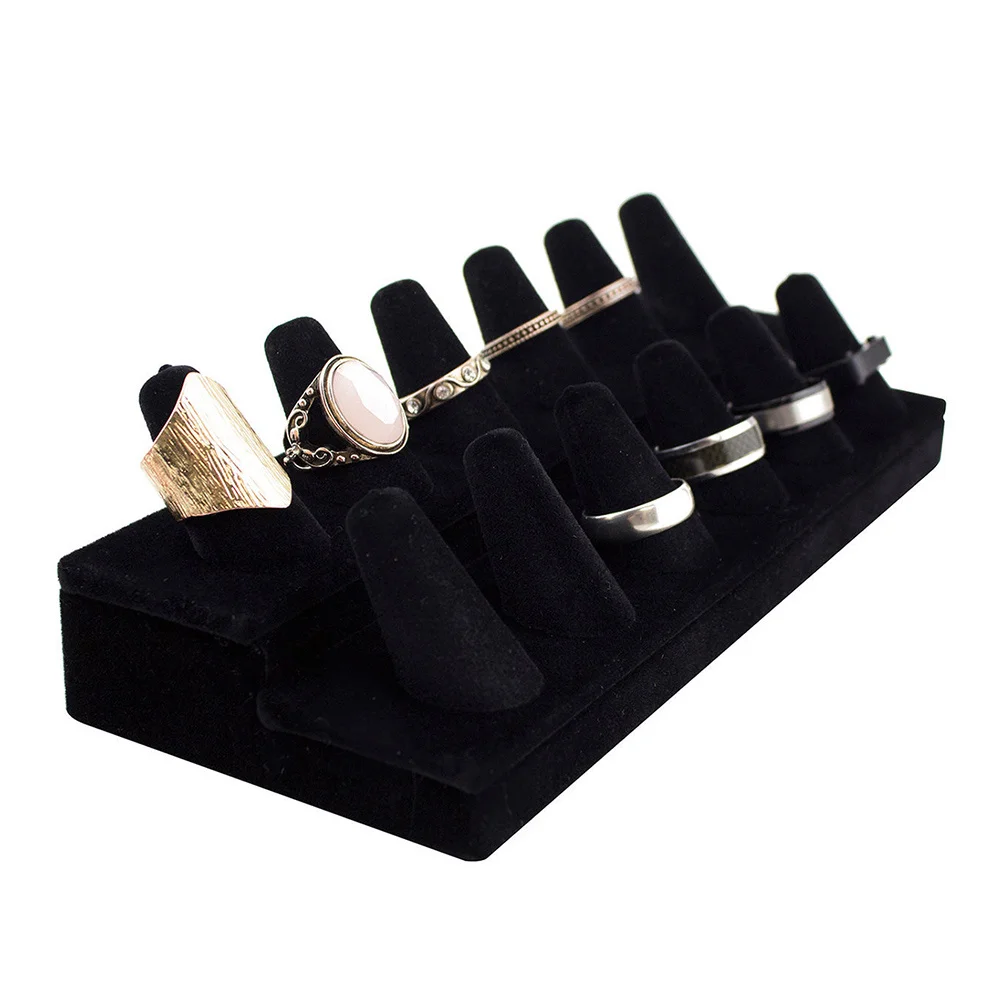 

12 Finger Black Flocking Ring Display Showcase Organizer Holder Jewelry Storage Counter for Retail Home Jewelry Presentation