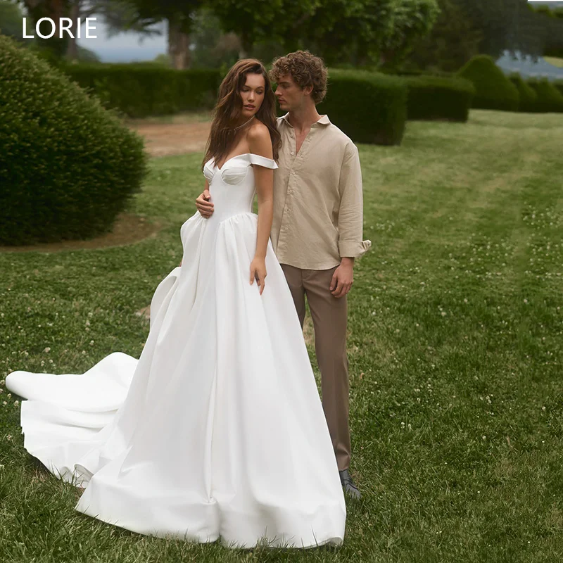 

LORIE Elegant Satin Wedding Dresses A-Line Off Shoulder Sleeveless Bride Prom Gown Simple Pleated Bridal Gowns Customized