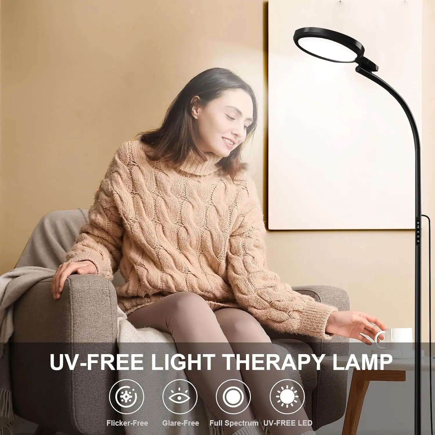 Light Therapy Lamp 10000 Lux Uv-Free Sun Lamp, Floor Happy Lamp In 3 Different Heights, 5 Colors & 5 Brightness Levels With 2